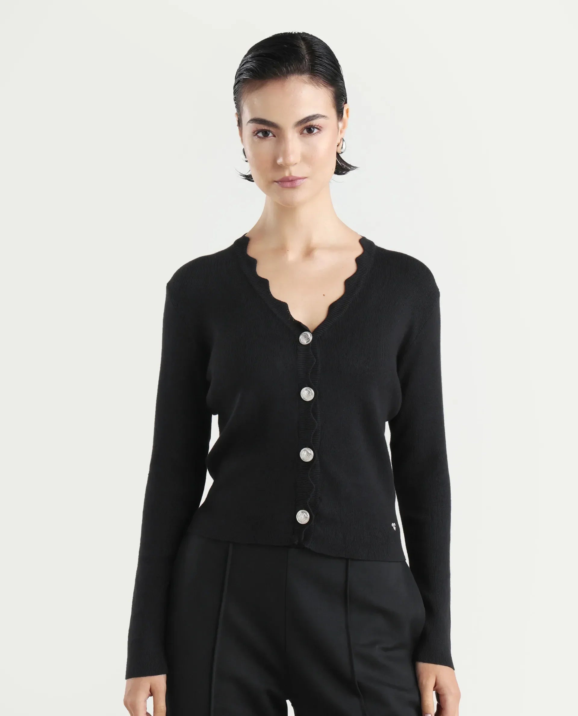 Rareism Women's Pendik Black V-Neck Plain Regular Fitted Top