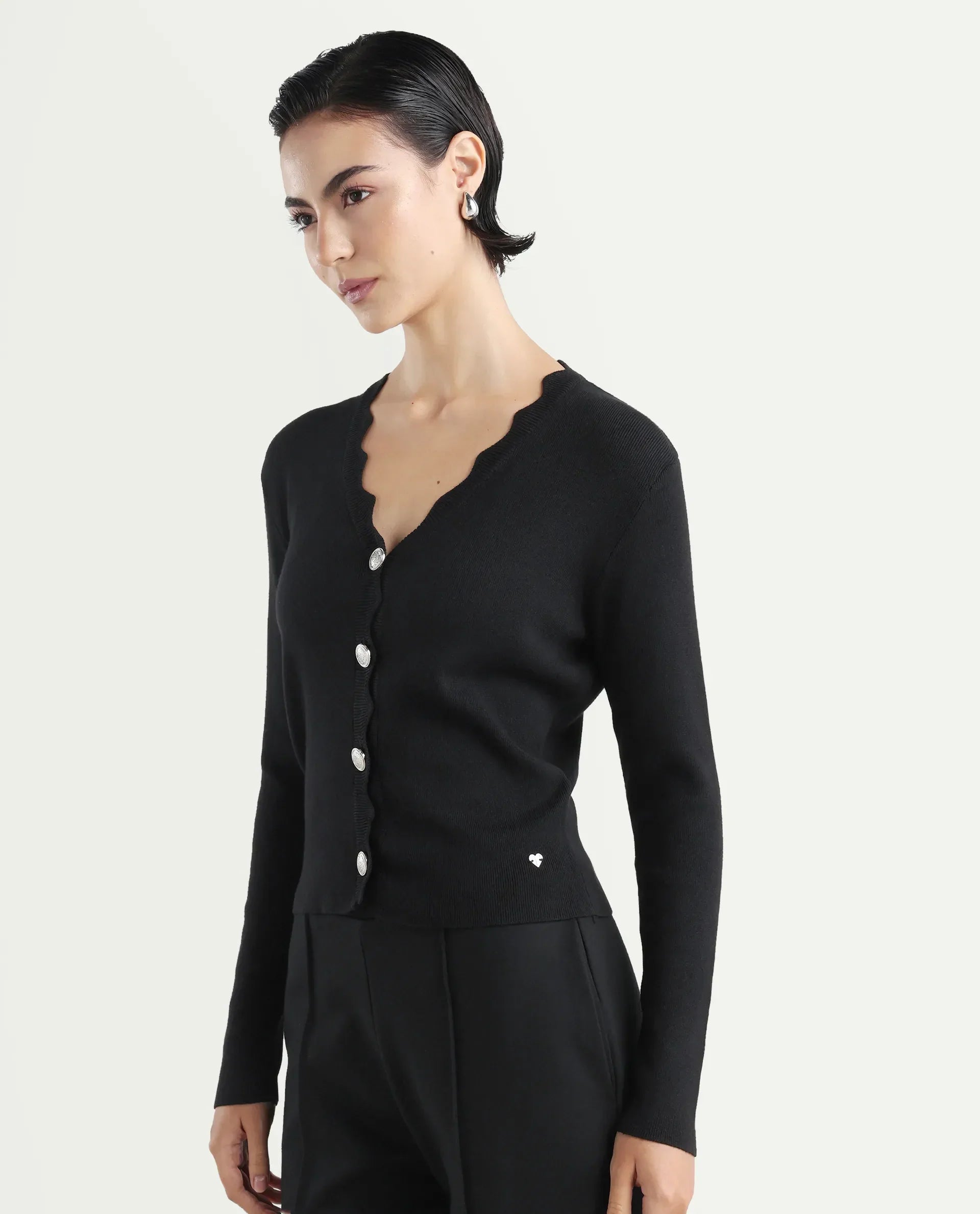 Rareism Women's Pendik Black V-Neck Plain Regular Fitted Top