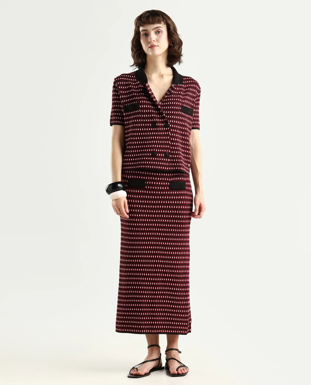 Rareism Women's Sanayi B Maroon Viscose Geometric Print Midi Relaxed Fit Skirt
