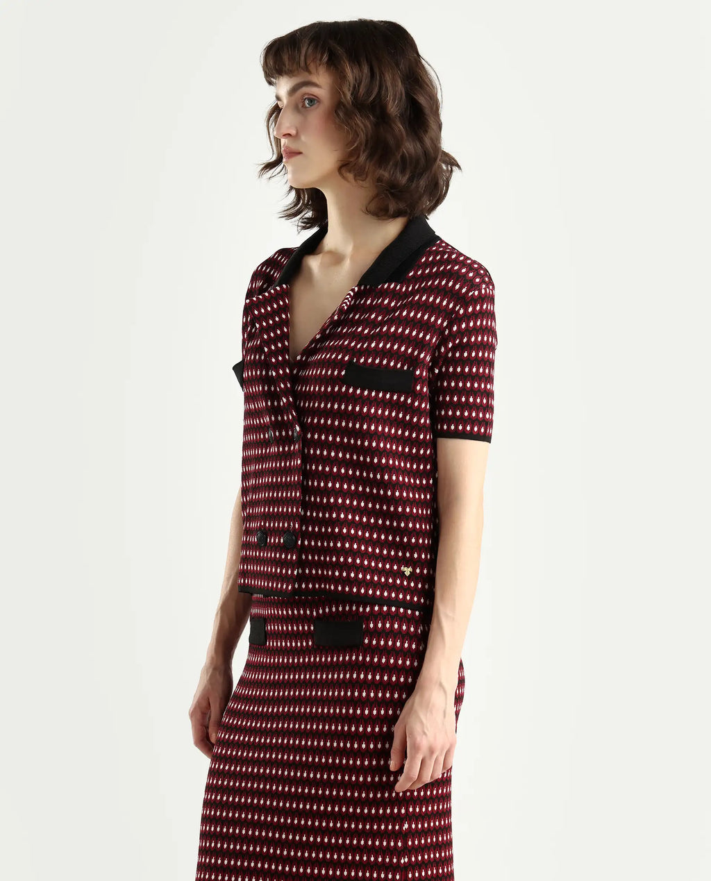 Rareism Women's Sanayi T Maroon Viscose Lapel Neck Geometric Print Midi Regular Fit Top