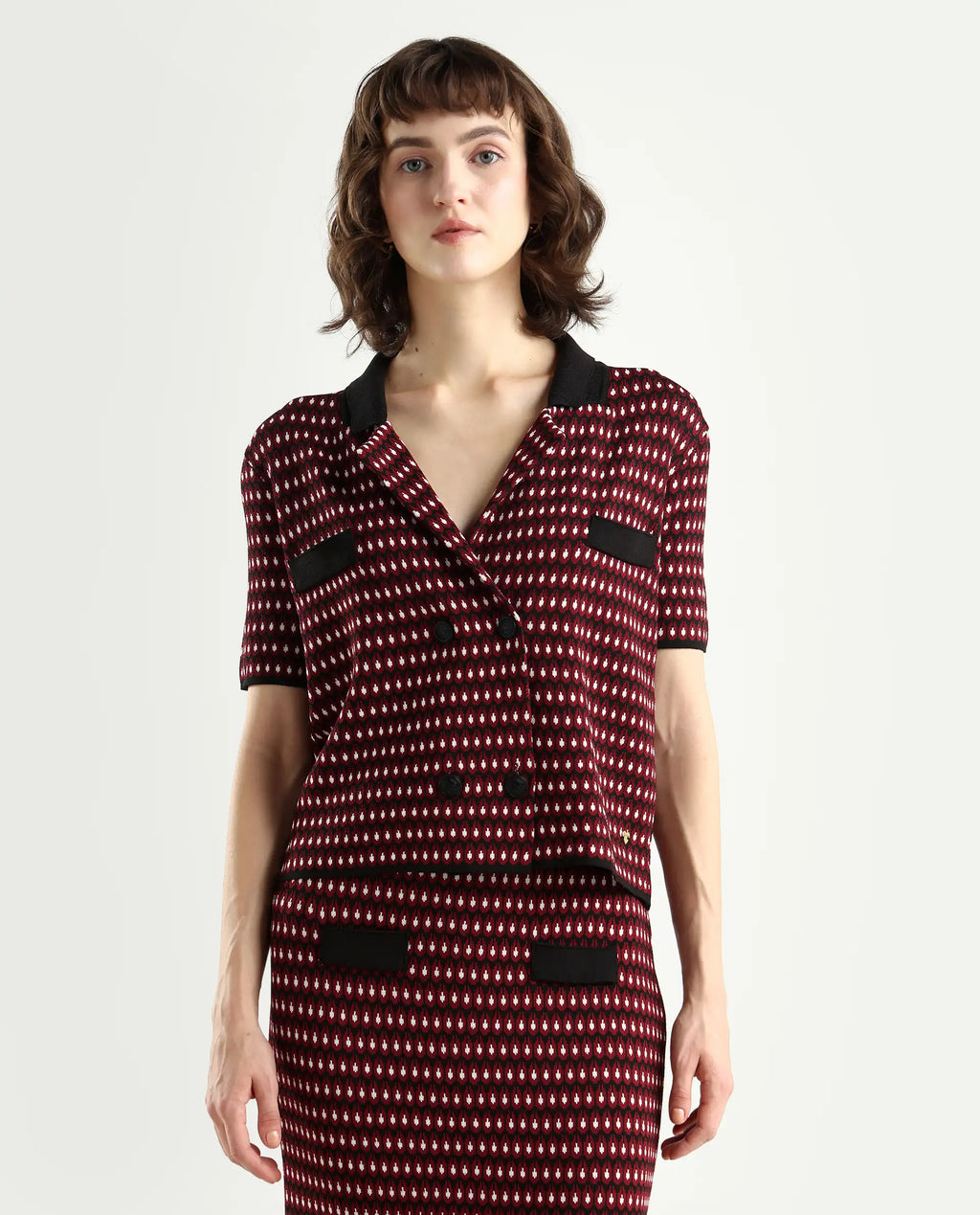 Rareism Women's Sanayi T Maroon Viscose Lapel Neck Geometric Print Midi Regular Fit Top