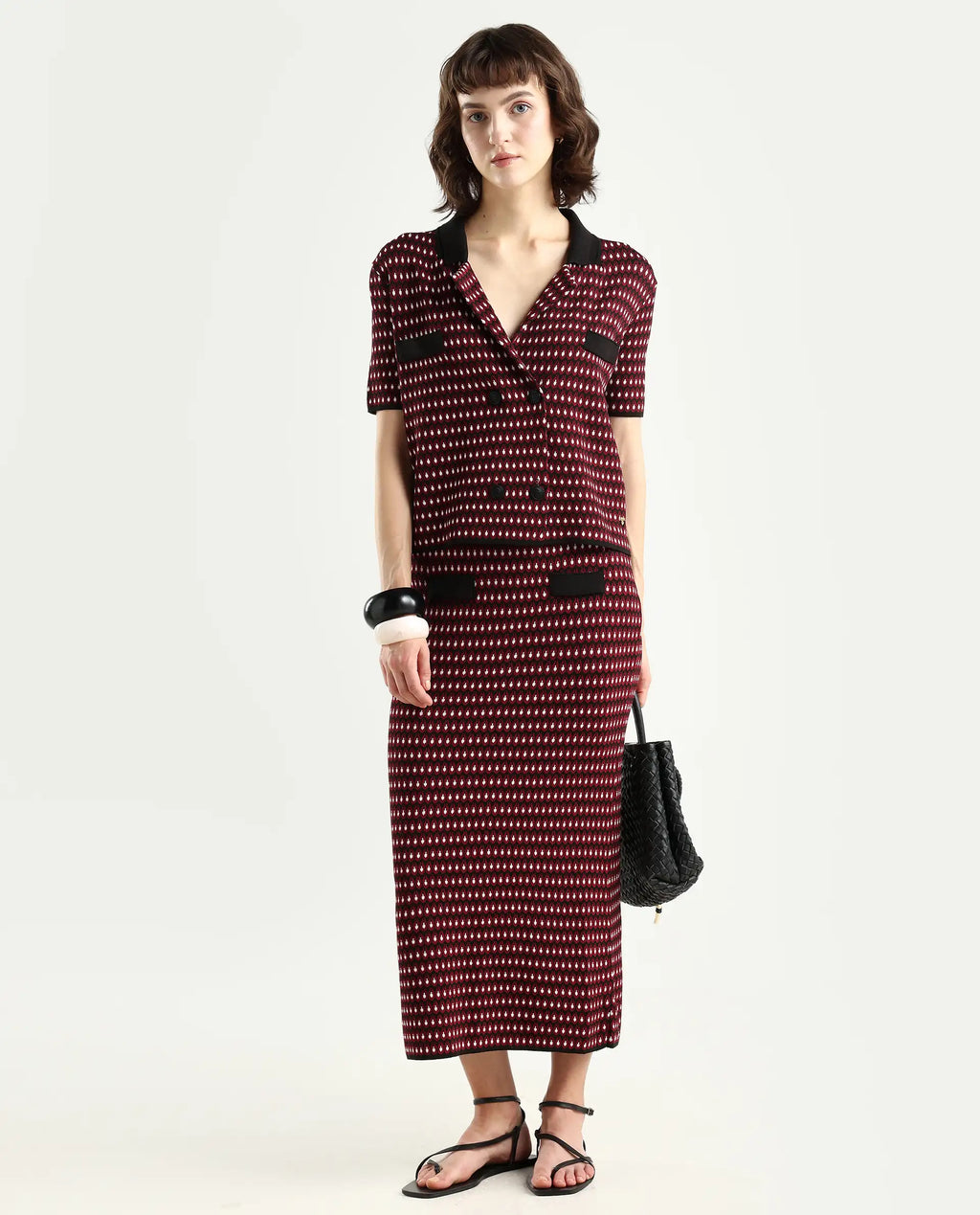 Rareism Women's Sanayi T Maroon Viscose Lapel Neck Geometric Print Midi Regular Fit Top