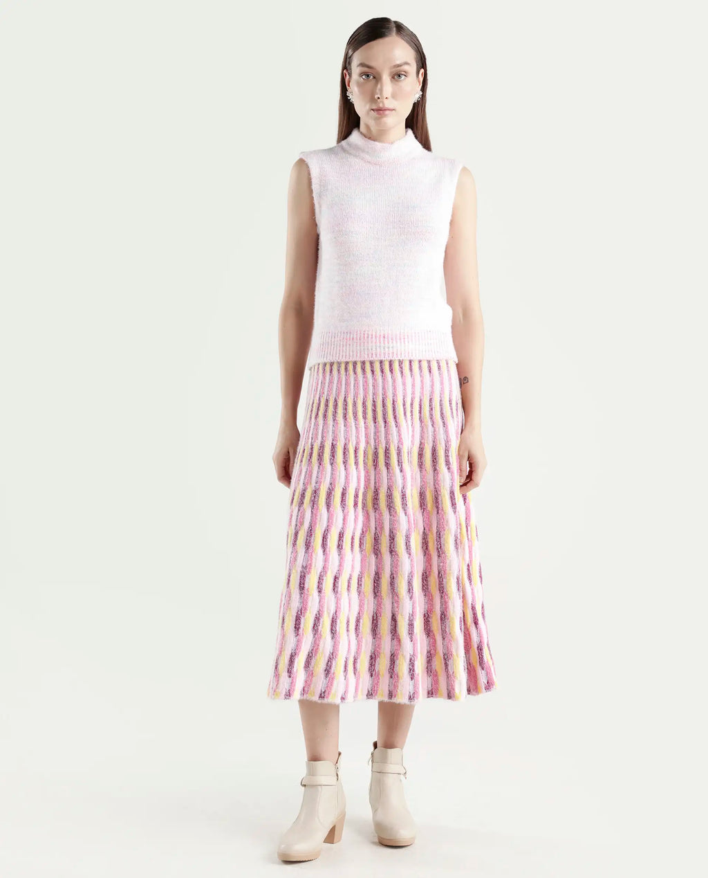 Rareism Women's Shenpa B Multi Nylon Geometric Print Midi Flared Skirt