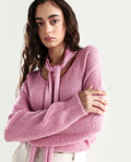 Rareism Women's Buzz Light Pink Acrylic Tie-Up Neck Plain Relaxed Fit Sweater
