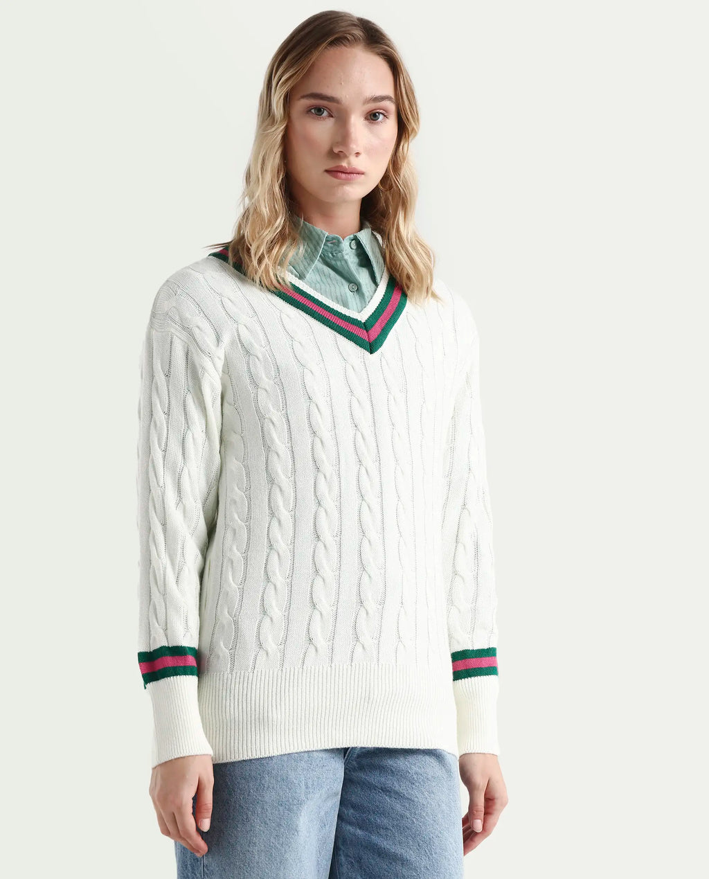 Rareism Women's Simaya Off White Acrylic V-Neck Plain Regular Fit Sweater