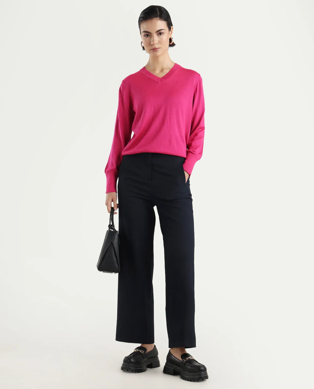 Rareism Women's Usak Dark Multi Acrylic V-Neck Plain Regular Fitted Sweater