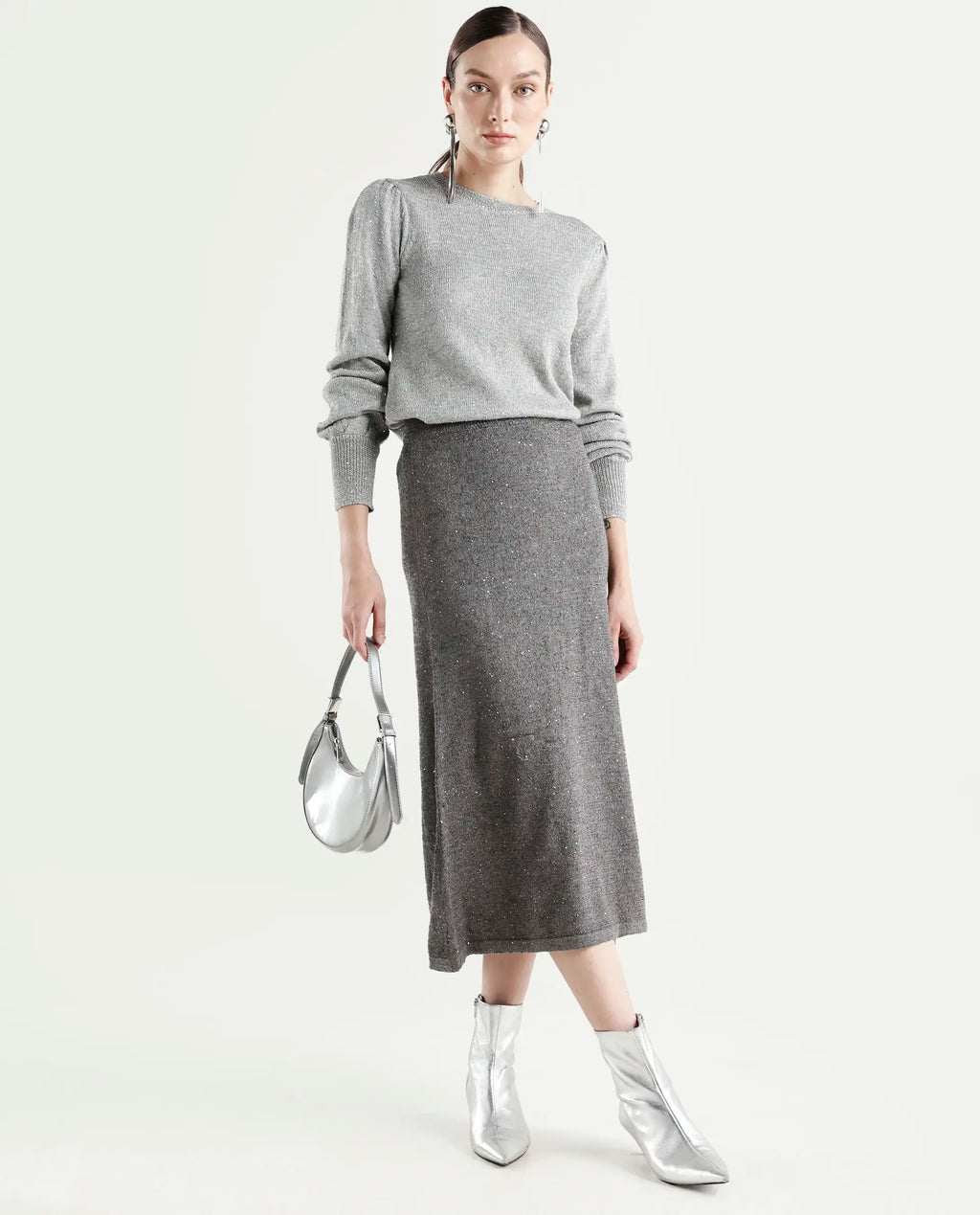 Rareism Women's Adiyaman B Dark Grey Polyester Plain Midi A-Line Skirt