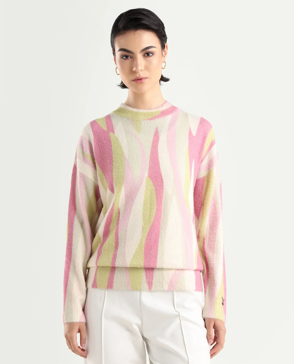 Rareism Women's Jacira Light Multi Acrylic High Neck Abstract Print Relaxed Fit Sweater