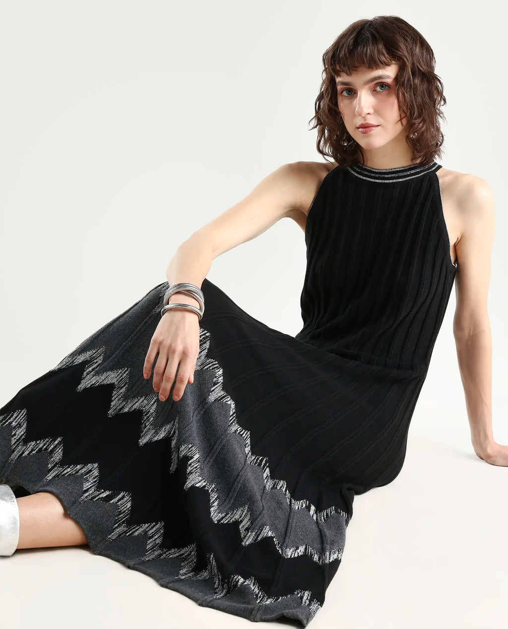 Rareism Women's Veron Black Cotton Halter Neck Plain Sleeveless Midi A-Line Dress