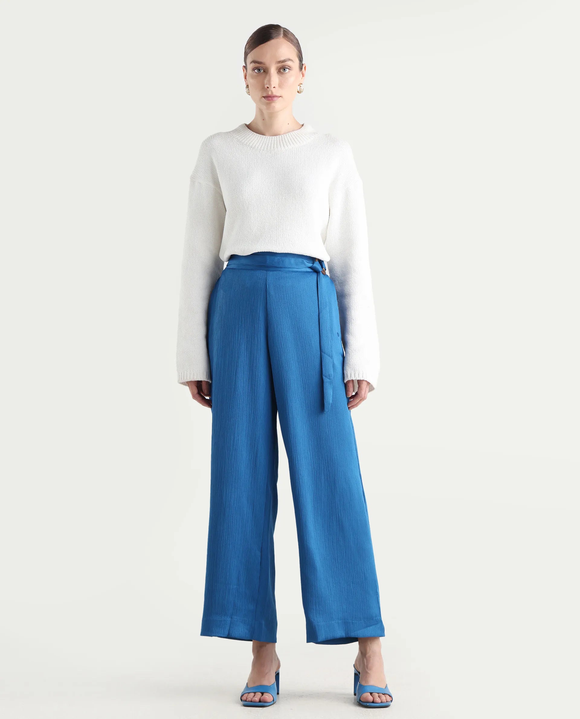 Rareism Women's Antela Blue Polyester Plain Ankle Length Wide Trouser