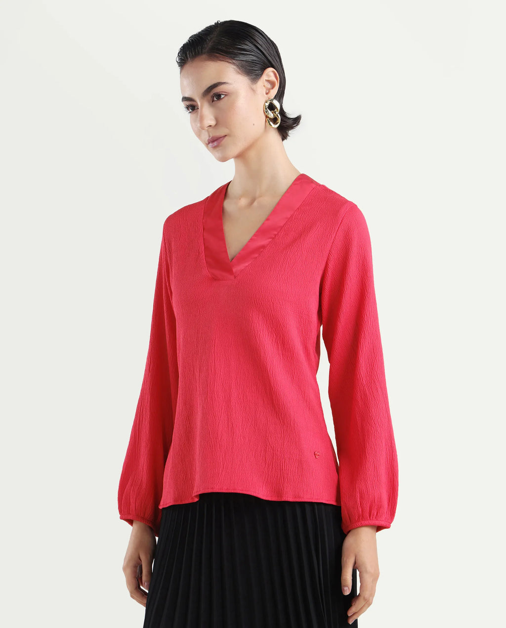 Rareism Women's Boco Pink Polyester V-Neck Plain Balloon Sleeve Regular Fit Top