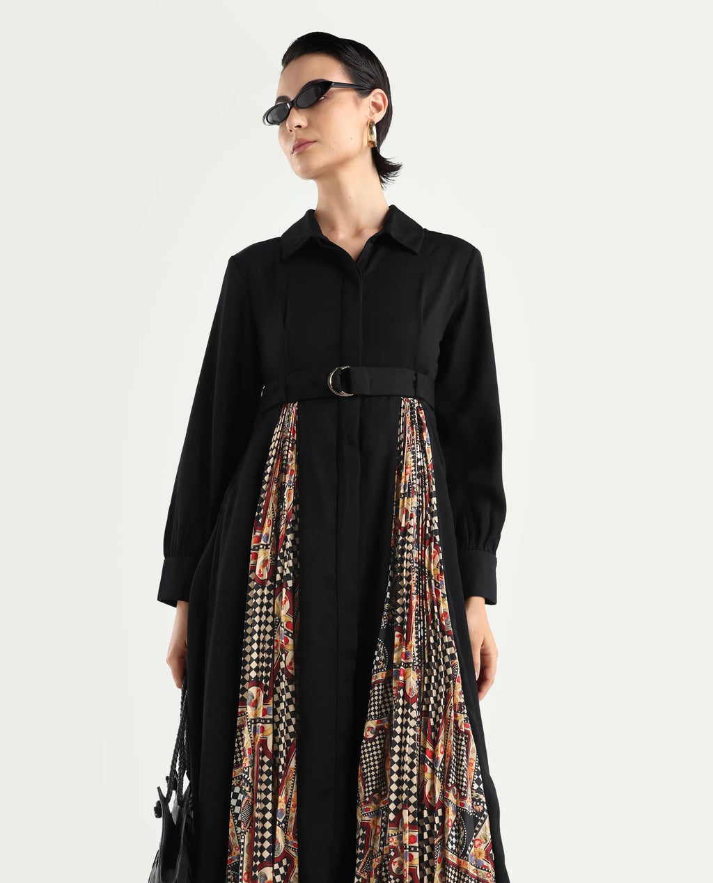 Rareism Women's Canadzor Multi Satin Drop Collar Geometric Print Bishop Sleeve Maxi Flared Dress