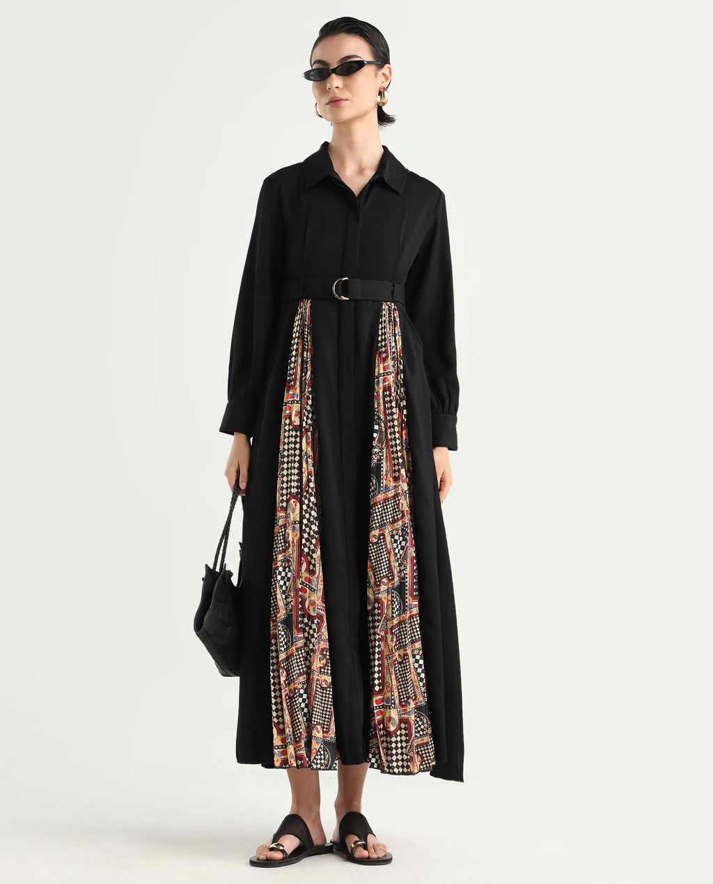 Rareism Women's Canadzor Multi Satin Drop Collar Geometric Print Bishop Sleeve Maxi Flared Dress