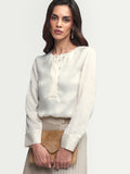 Rareism Women's Daxzo Off White Velvet Round Neck Plain Relaxed Fit Top