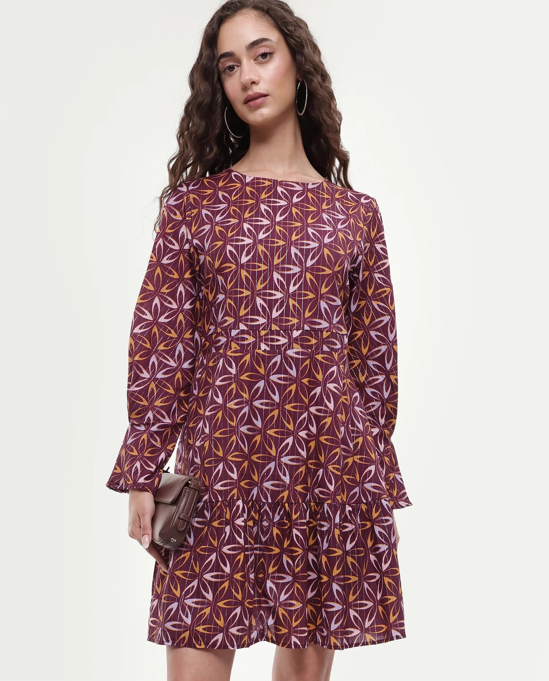Rareism Women's Nesia Multi Cotton Sweetheart Neck Geometric Print Puff Sleeves Knee Length Tiered Dress