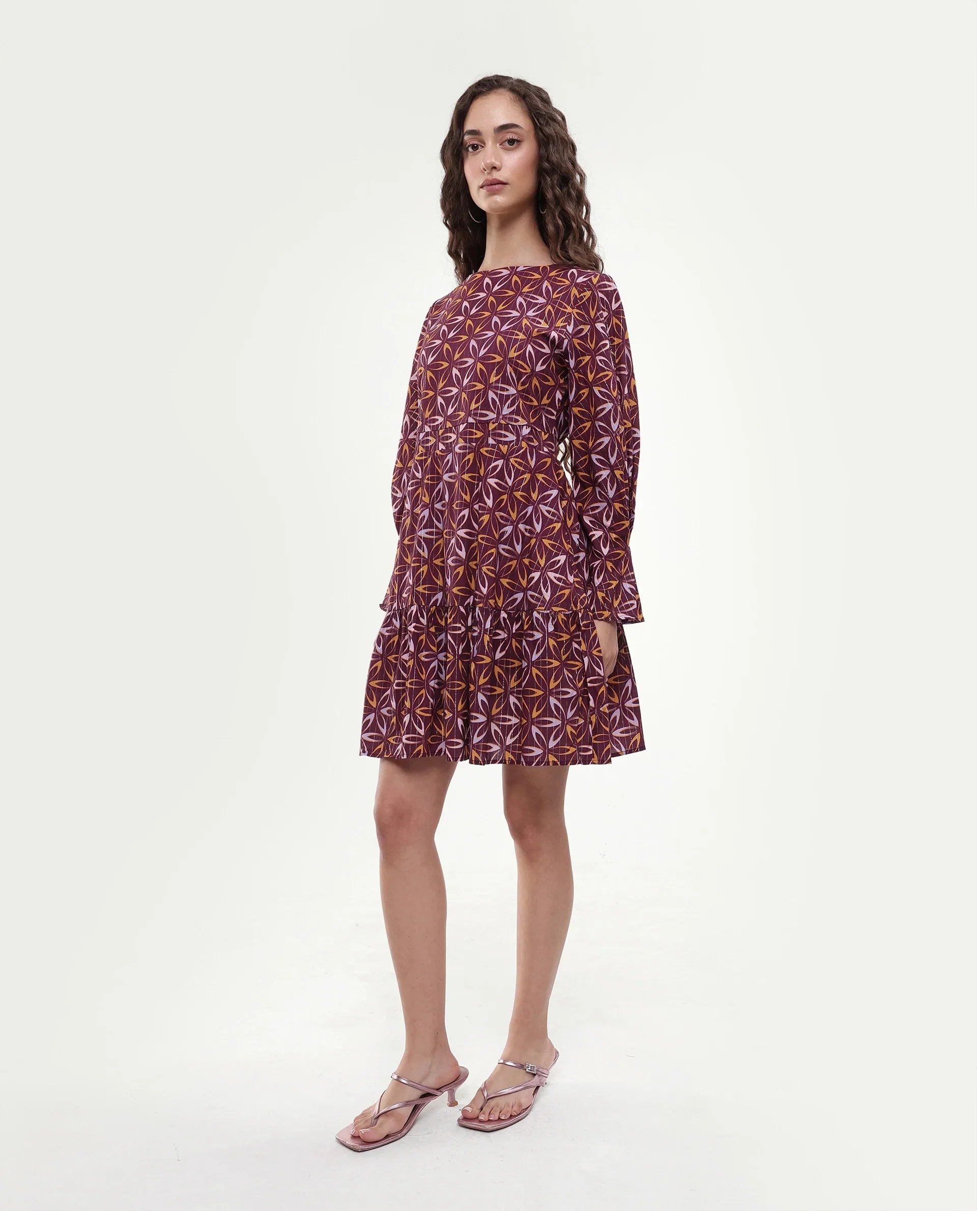 Rareism Women's Nesia Multi Cotton Sweetheart Neck Geometric Print Puff Sleeves Knee Length Tiered Dress