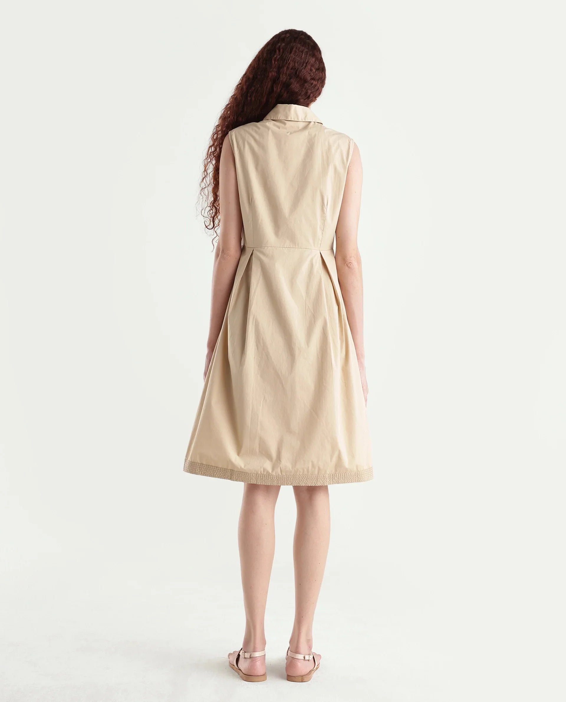 Rareism Women's Qba Light Sand Cotton Drop Collar Plain Sleeveless Midi A-Line Dress