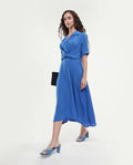 Rareism Women's Fedrez Navy Polyester Cowl Neck Plain Bell Sleeve Maxi Flared Dress