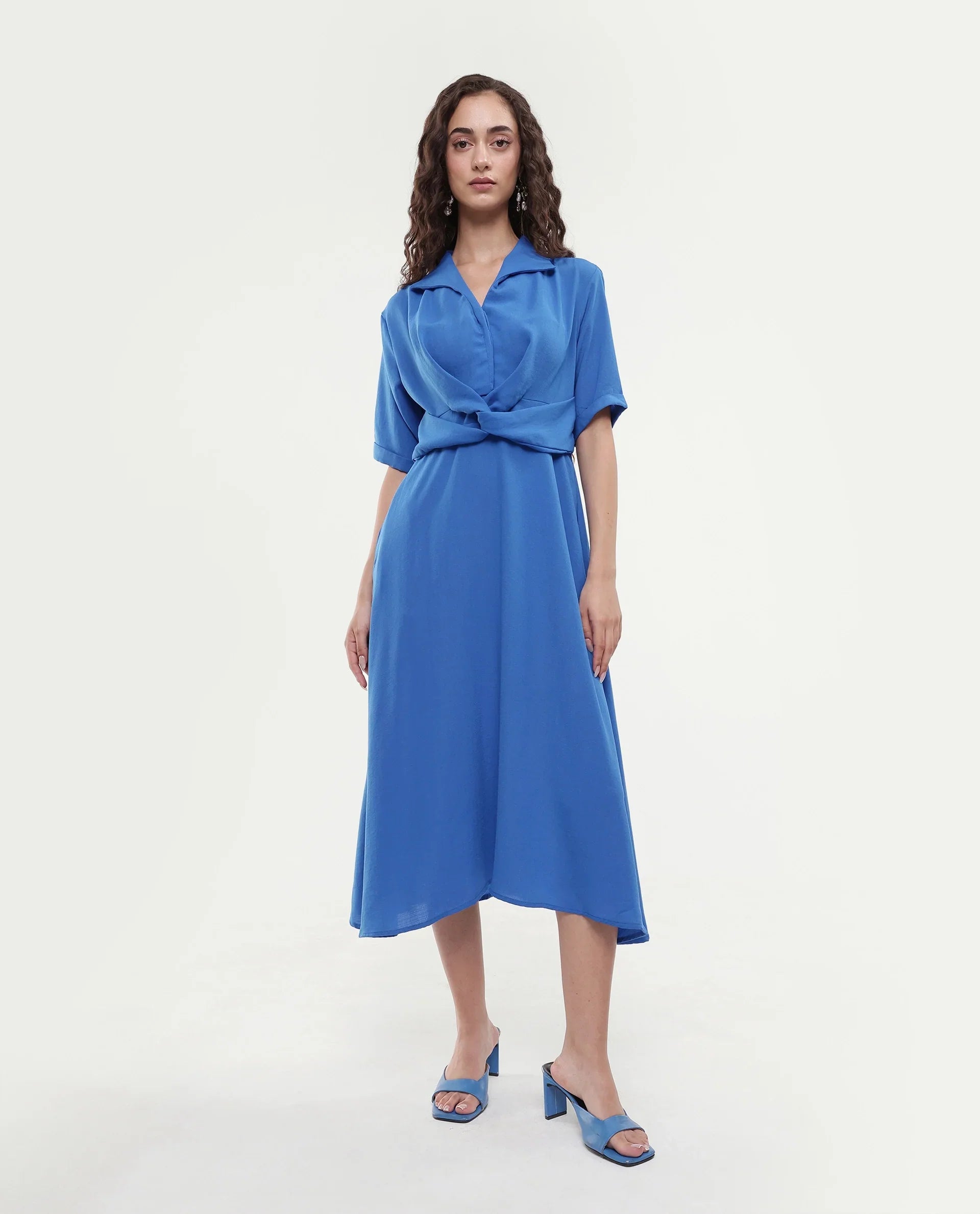Rareism Women's Fedrez Navy Polyester Cowl Neck Plain Bell Sleeve Maxi Flared Dress
