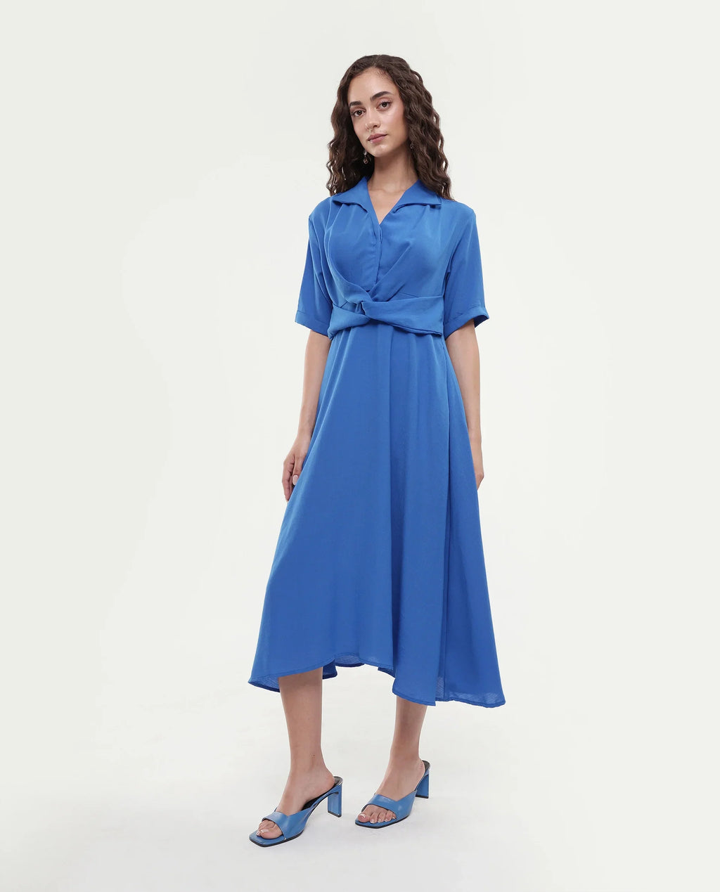 Rareism Women's Fedrez Navy Polyester Cowl Neck Plain Bell Sleeve Maxi Flared Dress