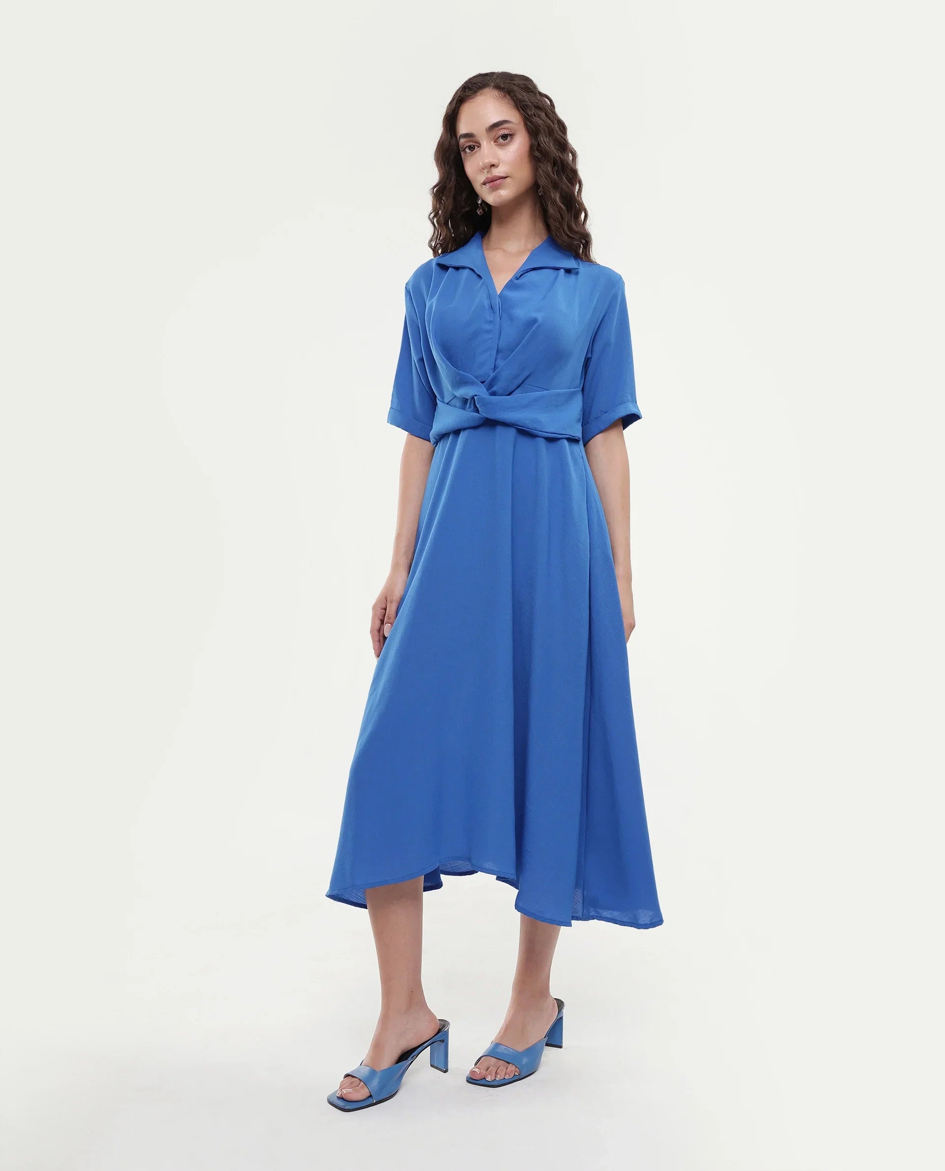 Rareism Women's Fedrez Navy Polyester Cowl Neck Plain Bell Sleeve Maxi Flared Dress