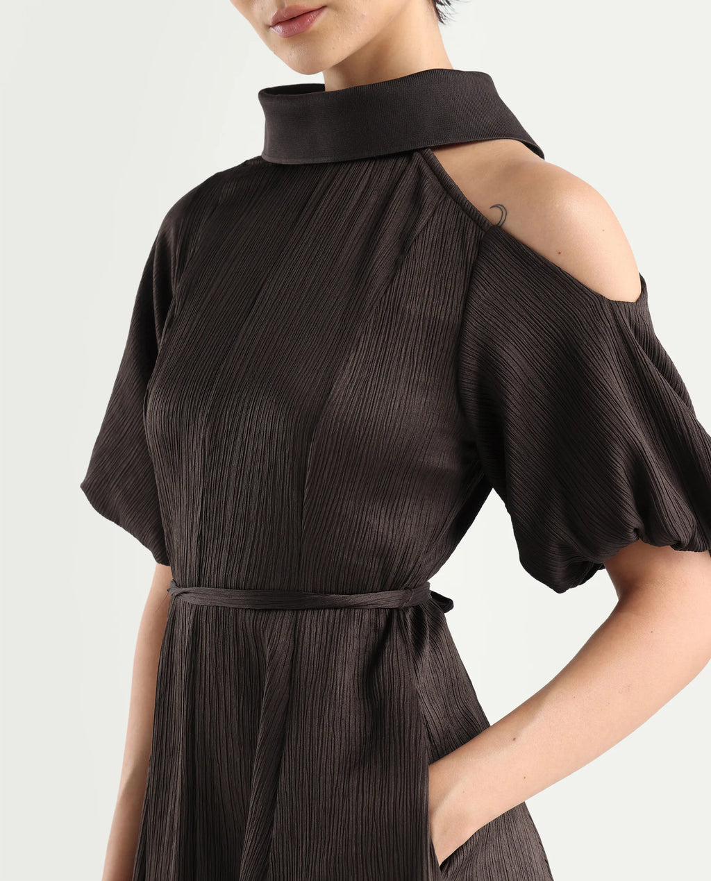 Rareism Women's Duchy Brown Polyester Turtle Neck Plain Balloon Sleeve Midi Flared Dress