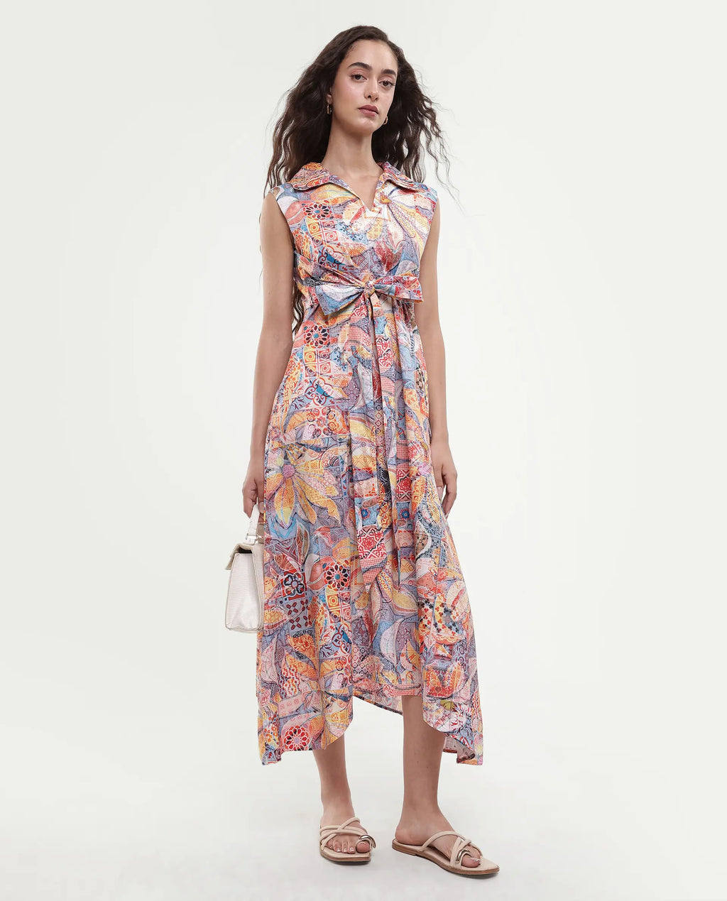 Rareism Women's Elsal Light Multi Cotton Blend Drop Collar Floral Print Sleeveless Midi Asymmetric Dress