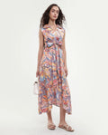 Rareism Women's Elsal Light Multi Cotton Blend Drop Collar Floral Print Sleeveless Midi Asymmetric Dress