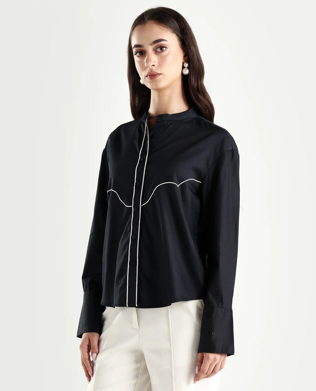 Rareism Women's Jujo Dusky Black Cotton Blend Mandarin Collar Plain Cuffed Sleeve Regular Fit Shirt