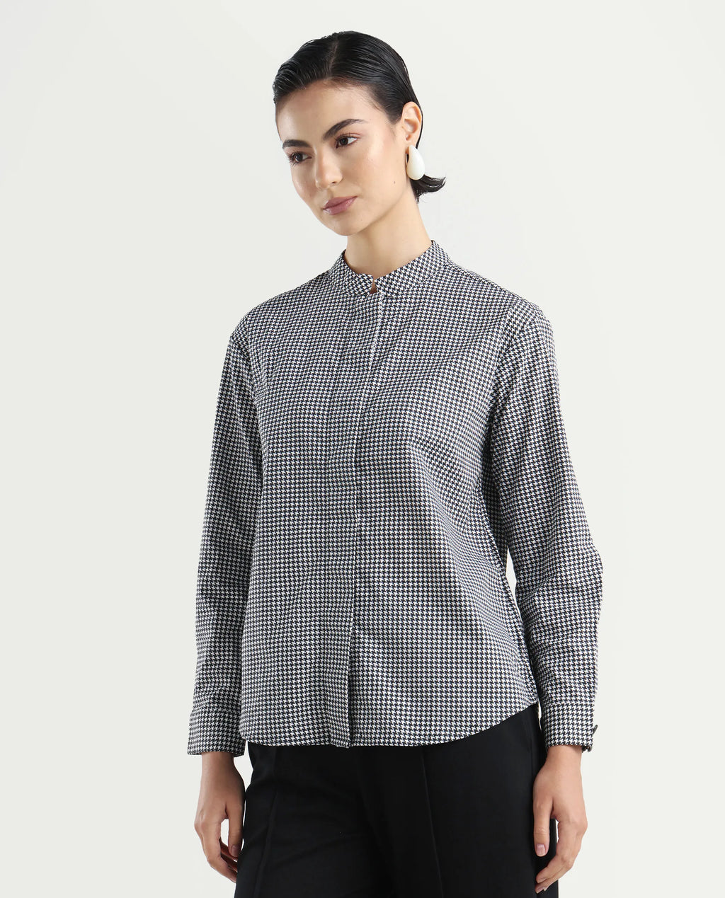 Rareism Women's Neumip Multi Cotton High Neck Houndstooth Print Regular Fit Top