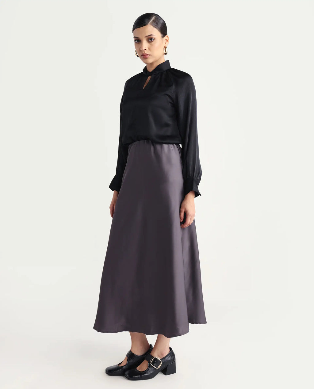Rareism Women's Niyano Grey Satin Plain Ankle Length Regular Fit Skirt
