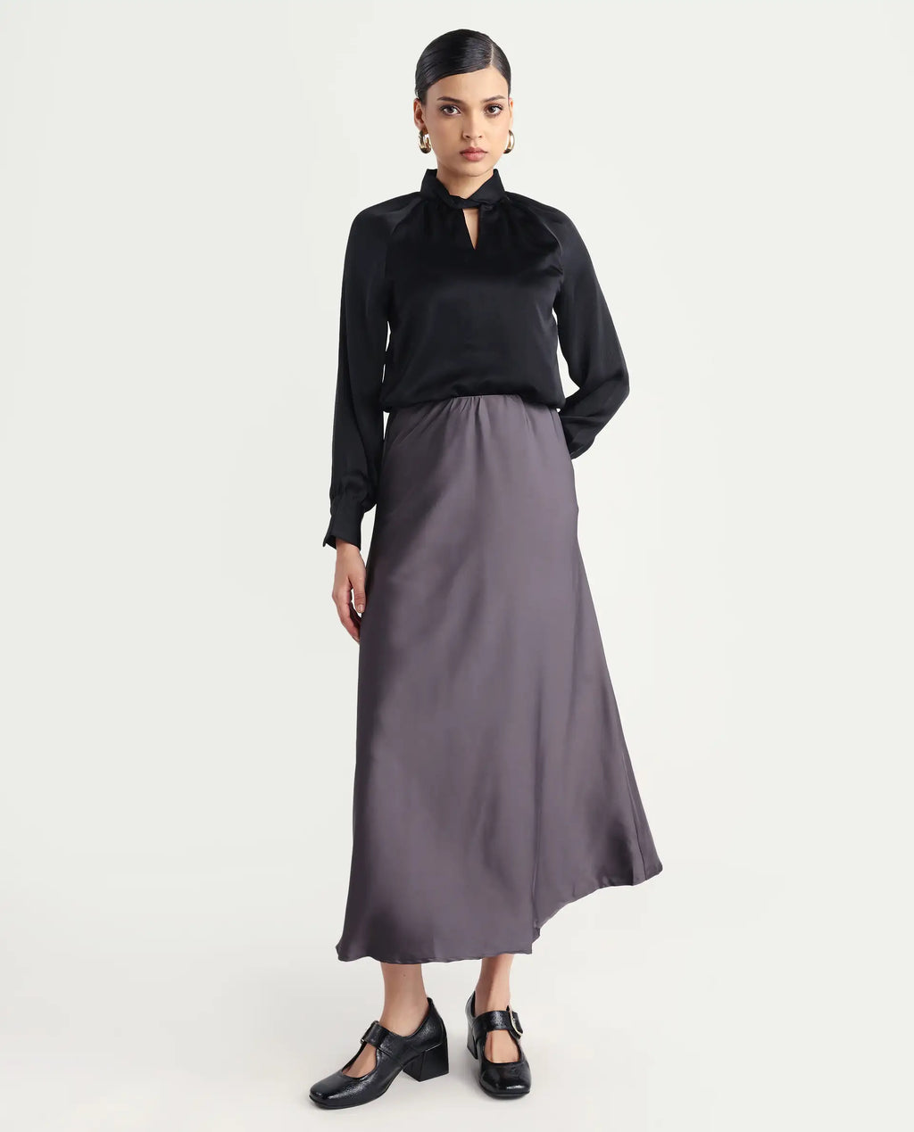 Rareism Women's Niyano Grey Satin Plain Ankle Length Regular Fit Skirt