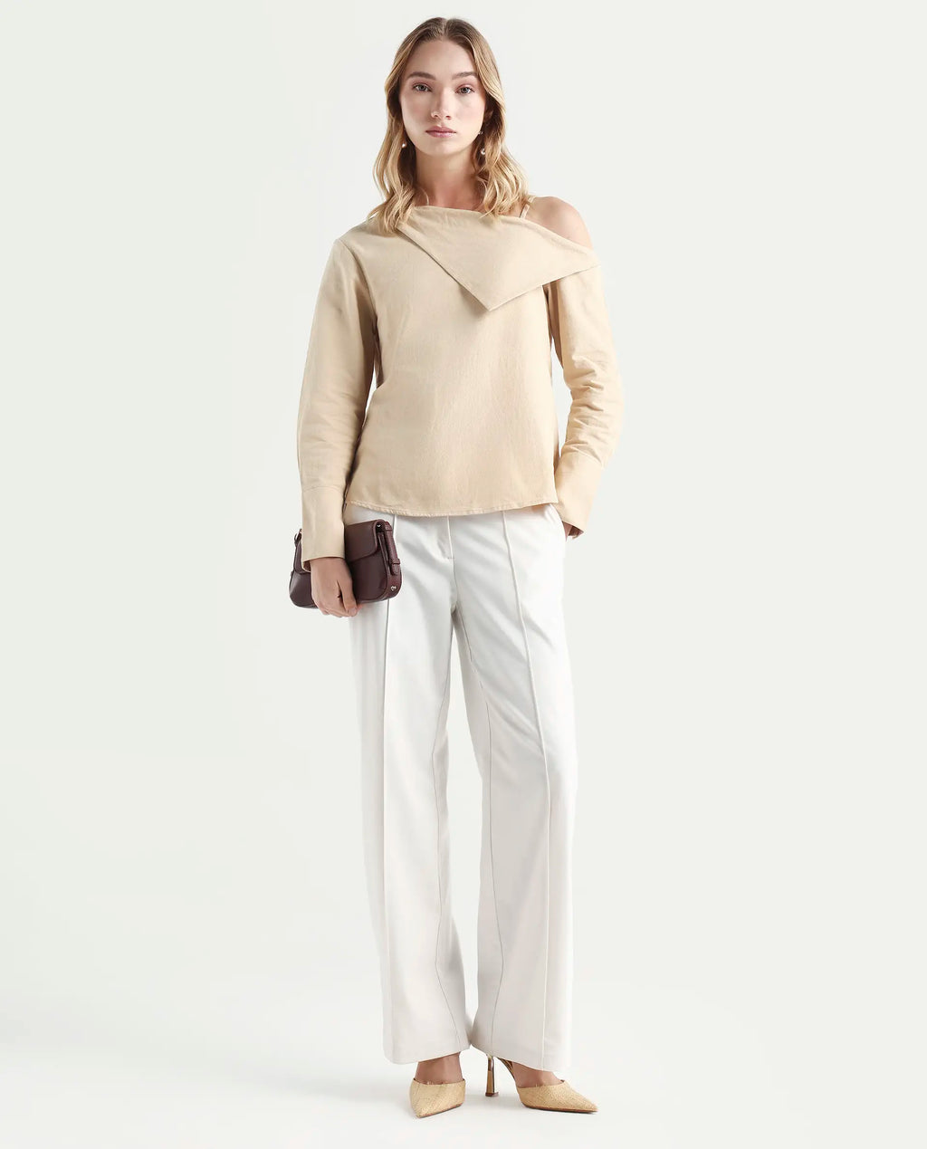 Rareism Women's Nimlu Light Sand Cotton Collarless Plain Cuffed Sleeve Regular Fit Top