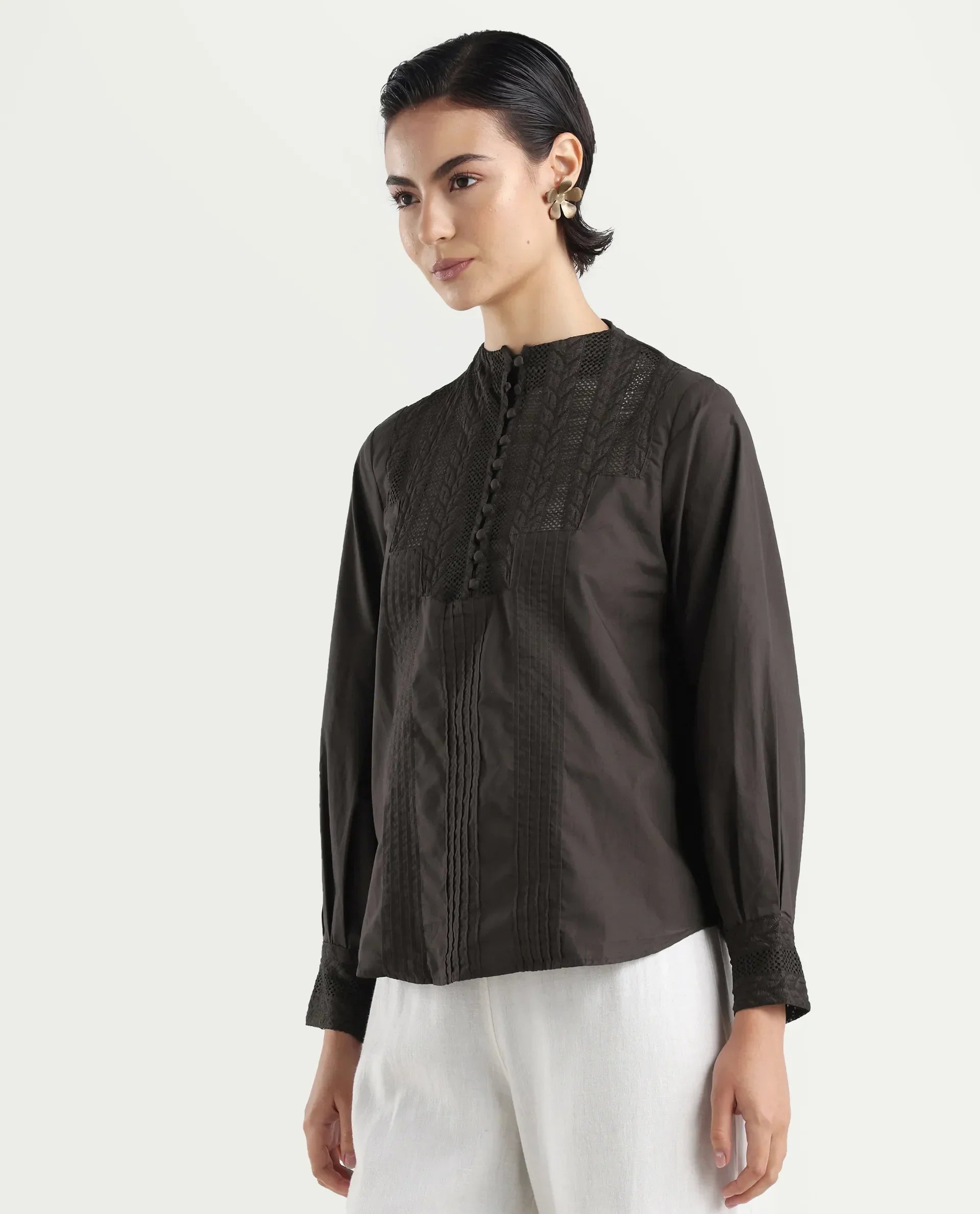 Rareism Women's Olafi Brown Cotton High Neck Plain Bishop Sleeve Regular Fit Top