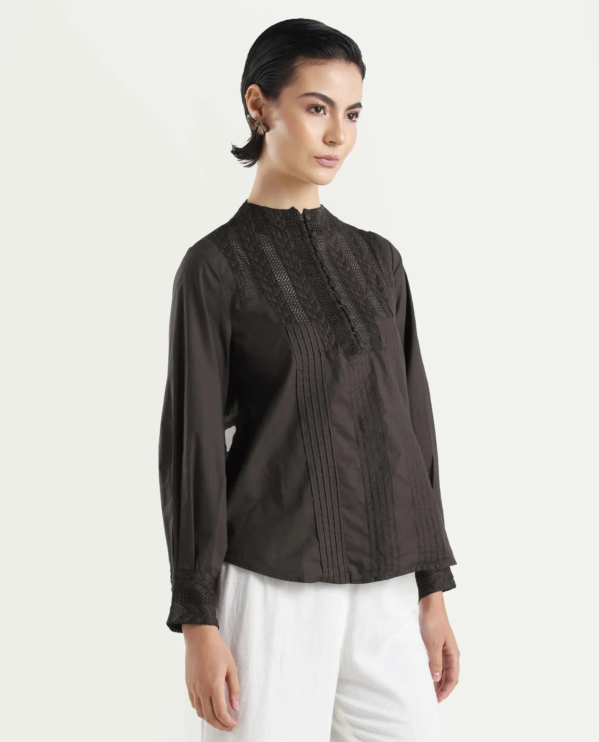 Rareism Women's Olafi Brown Cotton High Neck Plain Bishop Sleeve Regular Fit Top