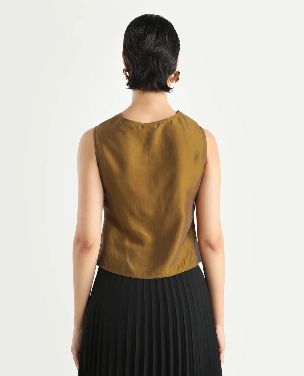 Rareism Women's Foose Metallic Gold Polyester Cowl Neck Plain Sleeveless Regular Fit Top