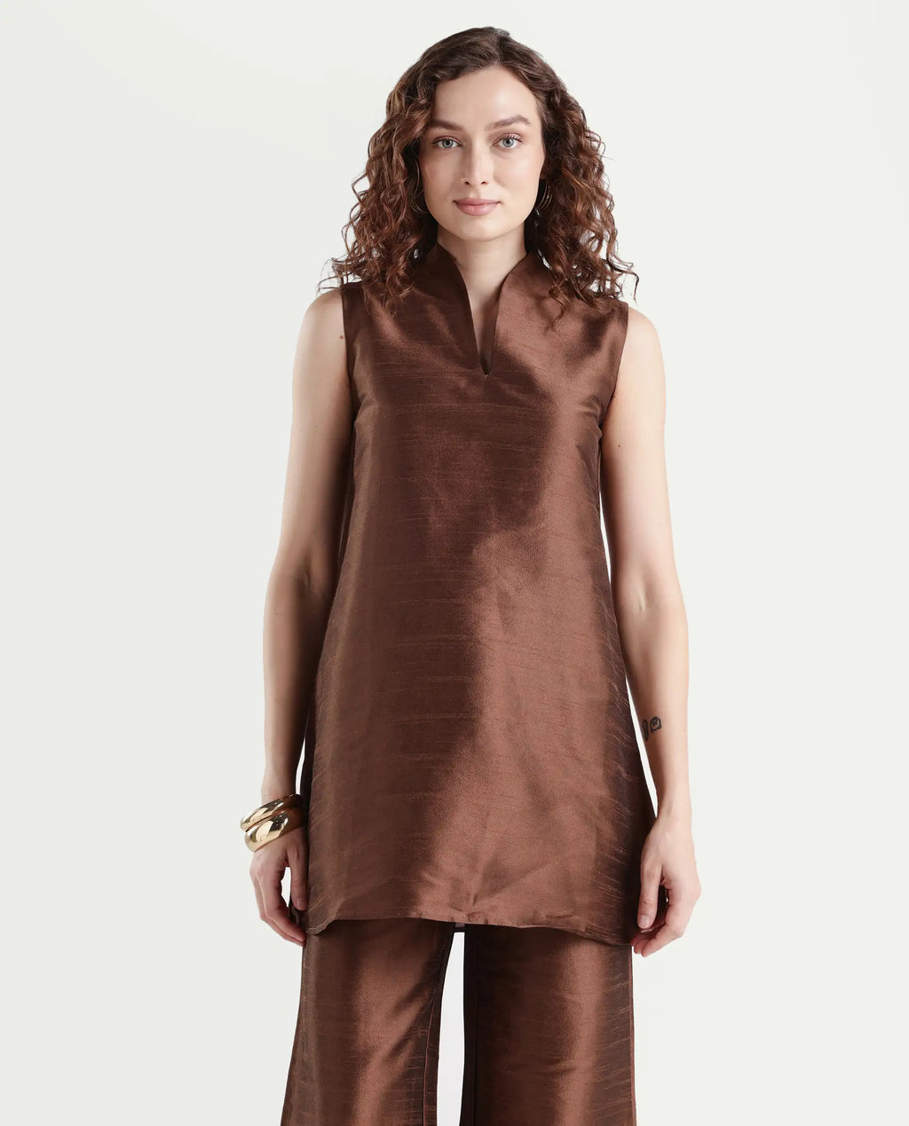 Rareism Women's Kamla Dark Brown Silk V-Neck Plain Sleeveless Knee Length Regular Fit Top