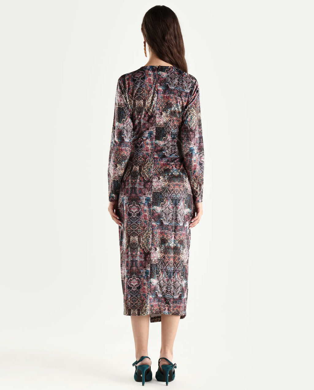 Rareism Women's Wekly Dark Multi Velvet V-Neck Abstract Print Midi Fitted Dress