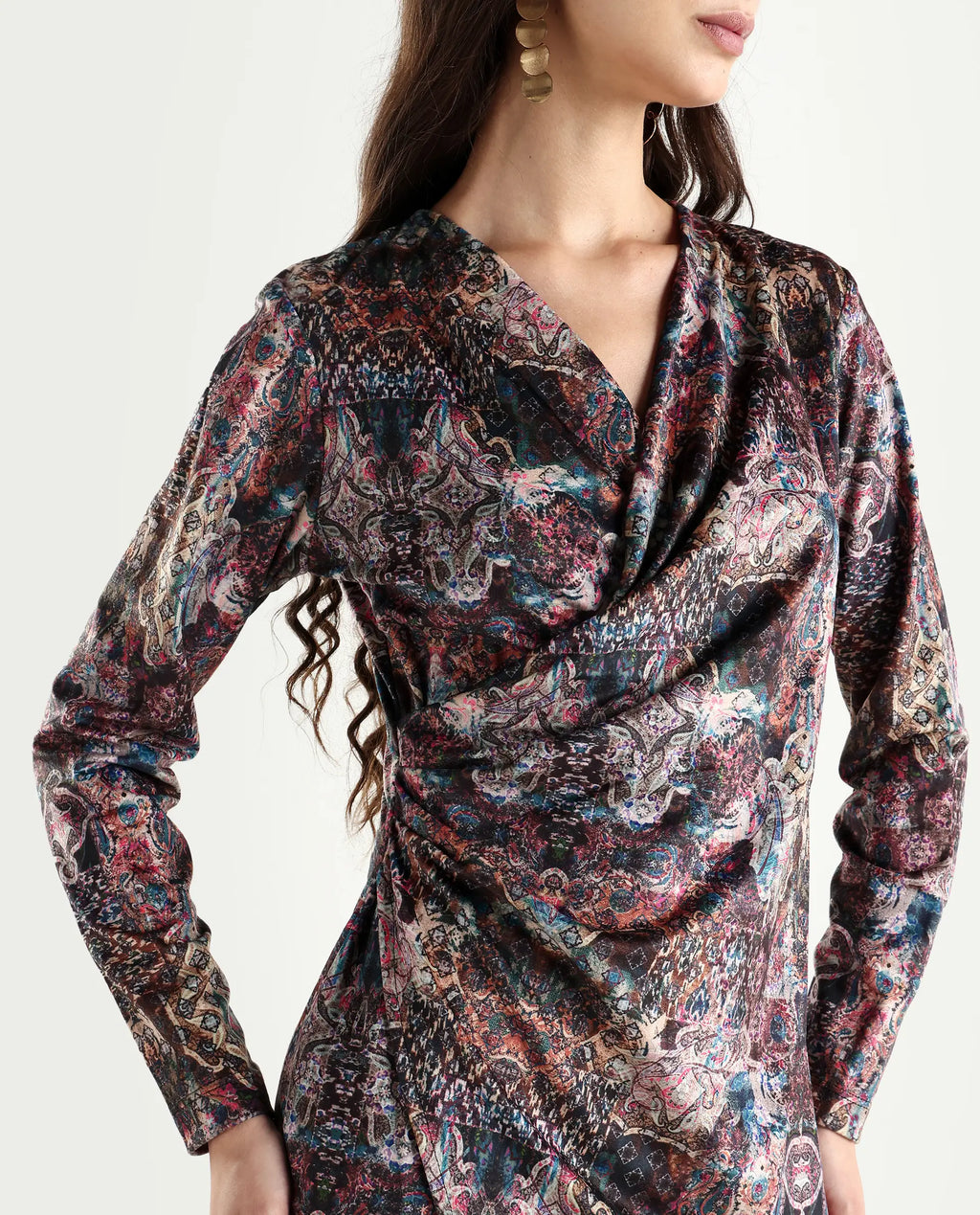 Rareism Women's Wekly Dark Multi Velvet V-Neck Abstract Print Midi Fitted Dress