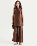 Rareism Women's Kamla B Dark Brown Silk Plain Ankle Length Straight Fit Trouser
