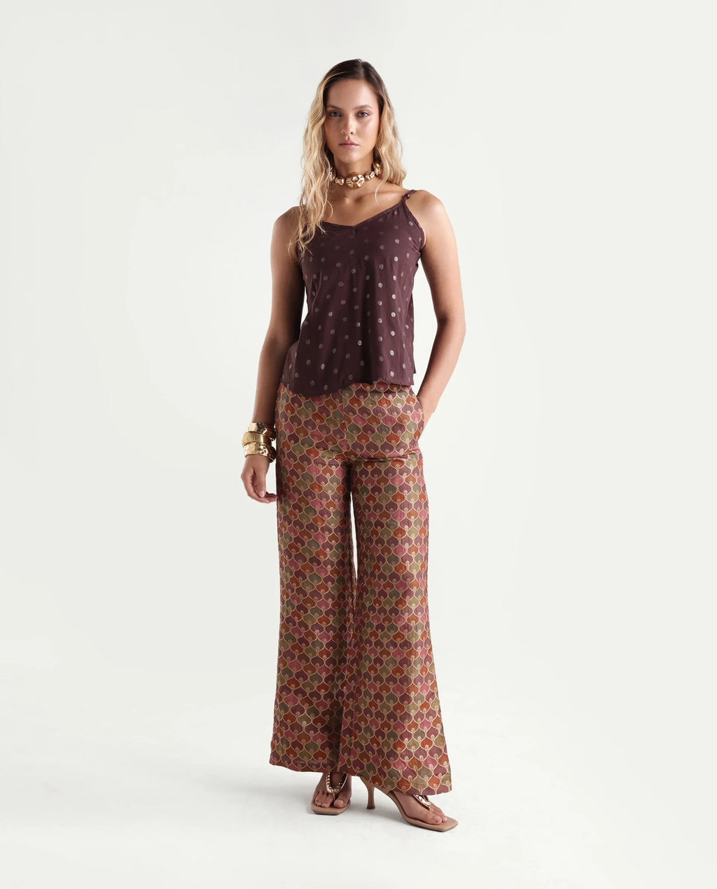 Rareism Women's Varfa B Multi Polyester Jacquard Ankle Length Flared Trouser