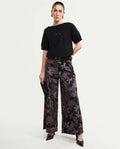 Rareism Women's Remen B Dark Multi Velvet Paisley Print Ankle Length Flared Trouser