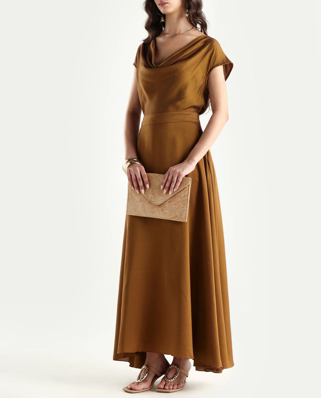 Rareism Women's Yesmar Metallic Gold Polyester Plain Maxi Flared Skirt