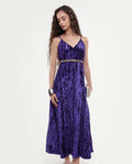 Rareism Women's Harbo Purple Velvet Shoulder Strap Plain Sleeveless Maxi Fit And Flare Dress
