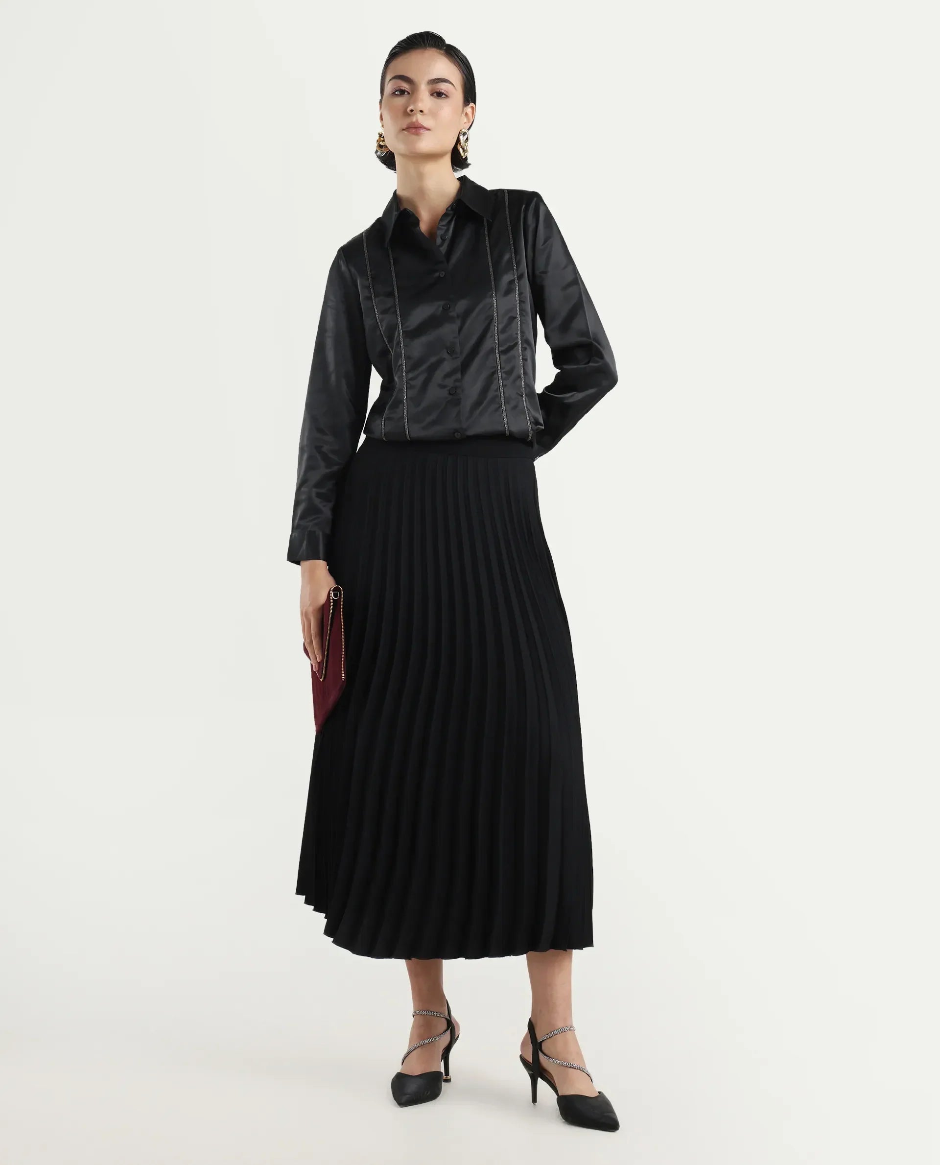 Rareism Women's Derep Black Satin Drop Collar Dyed Cuffed Sleeve Regular Fit Shirt