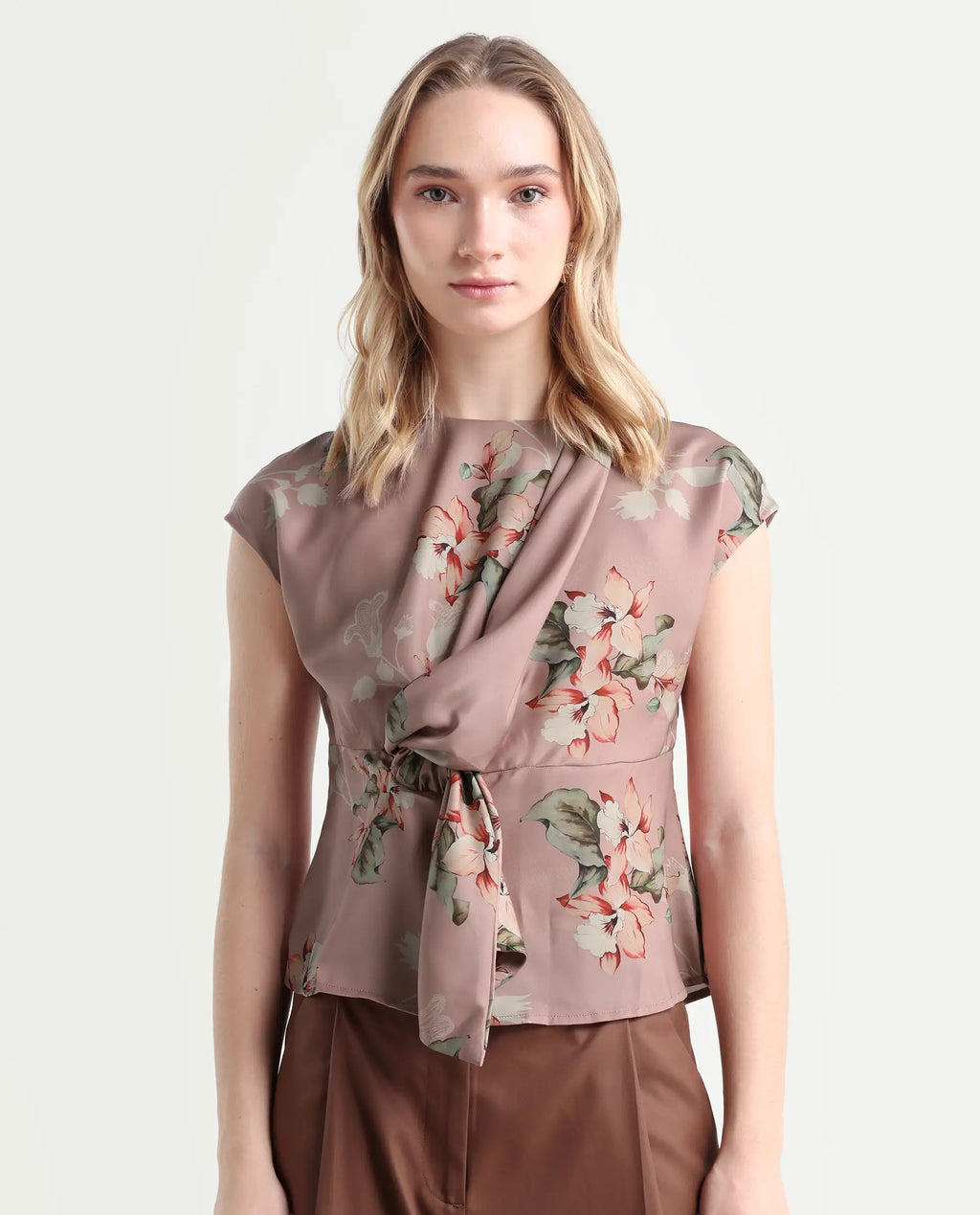 Rareism Women's Geddly Multi Satin Cowl Neck Floral Print Extended Sleeves Regular Fit Top