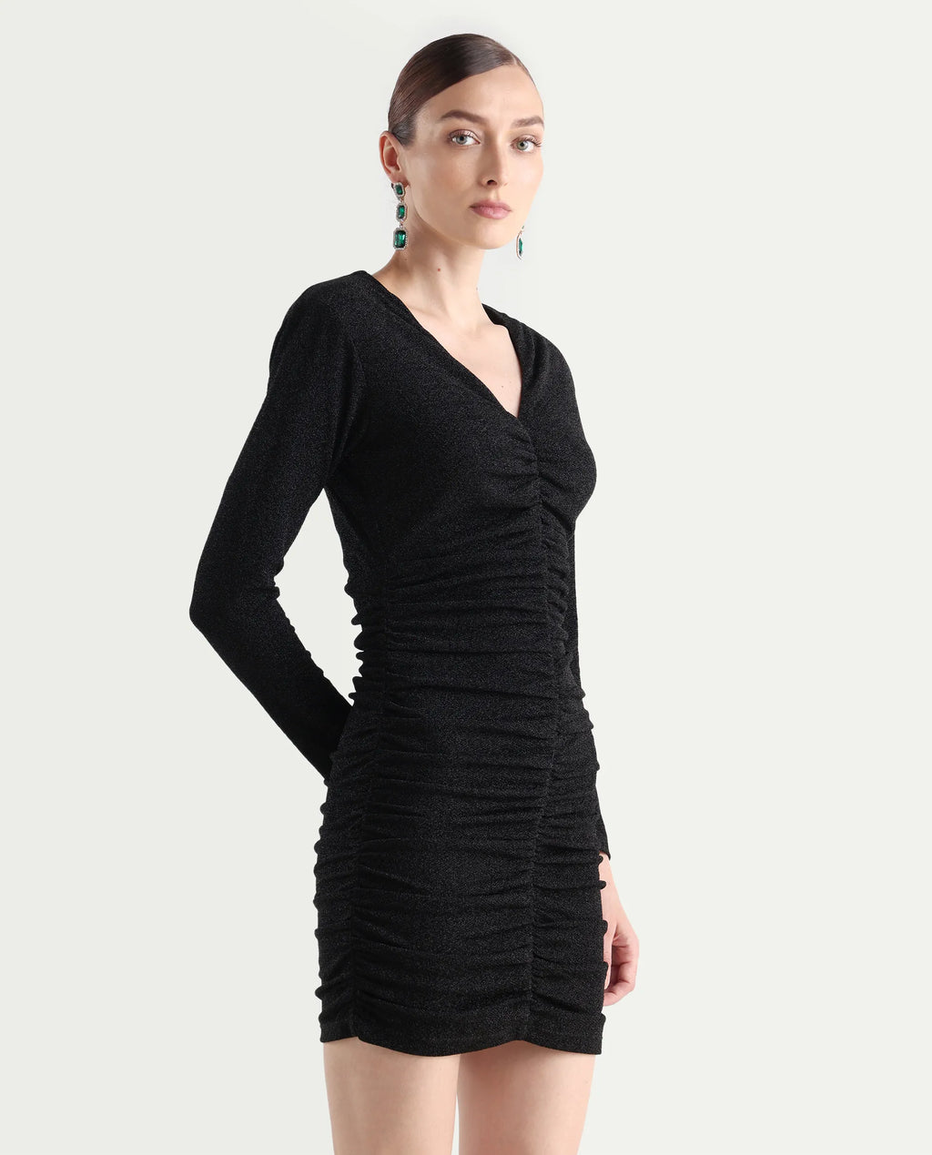 Rareism Women's Amasya Black Polyester V-Neck Plain Knee Length Fitted Dress