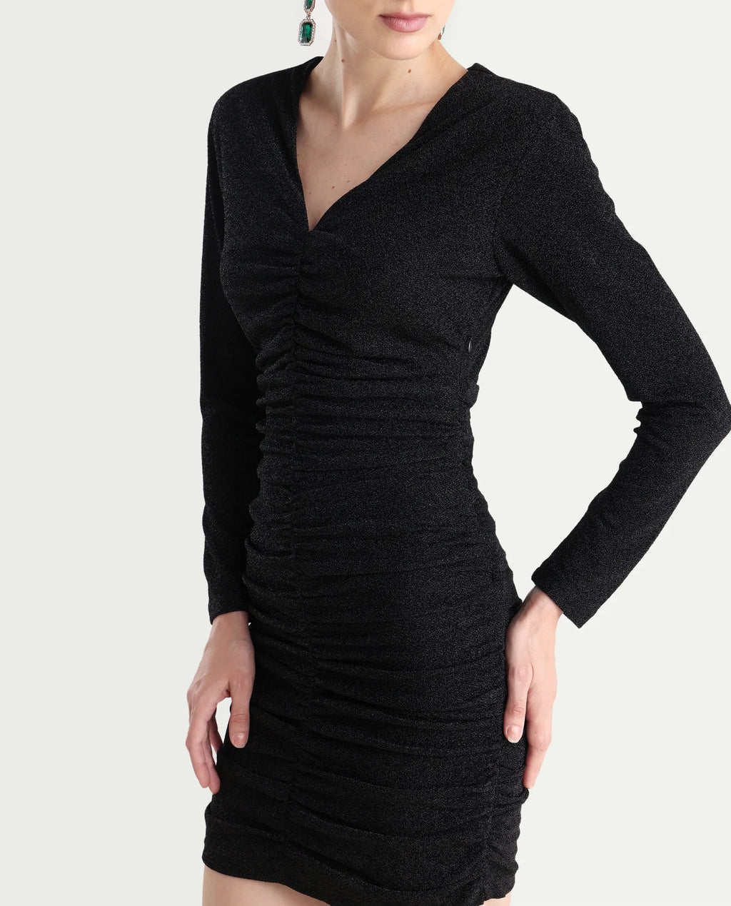 Rareism Women's Amasya Black Polyester V-Neck Plain Knee Length Fitted Dress