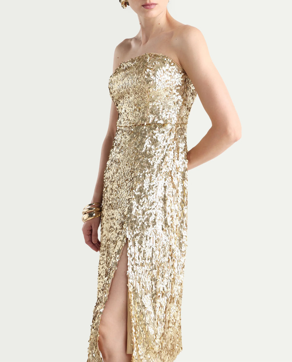 Rareism Women's Ganvi Metallic Polyester Tube Neck Sequined Sleeveless Midi Fitted Dress
