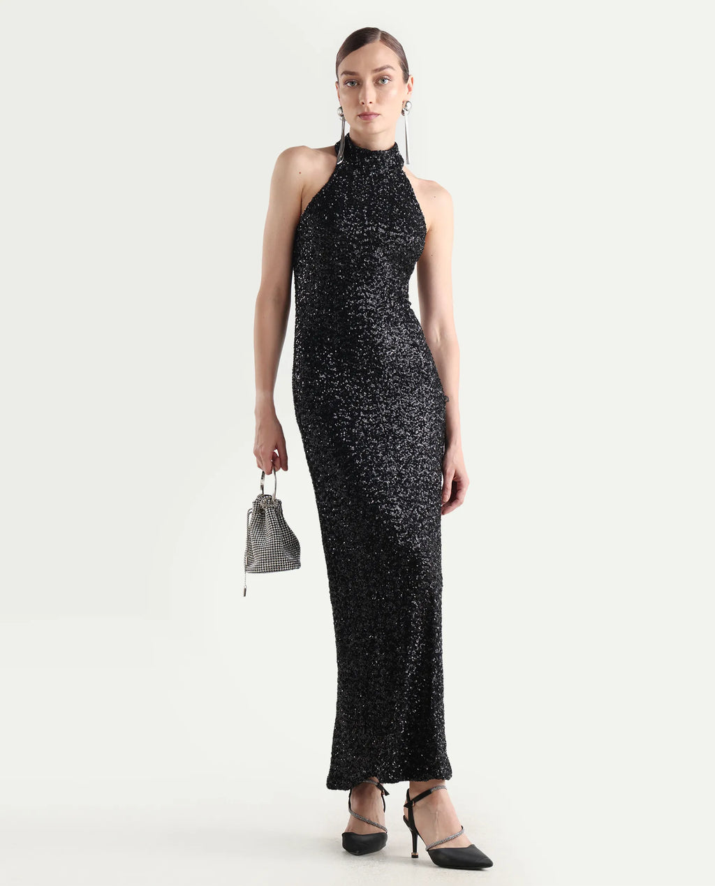 Rareism Women's Ardhan Metallic Black Sequined Halter Neck Plain Sleeveless Maxi Fitted Dress
